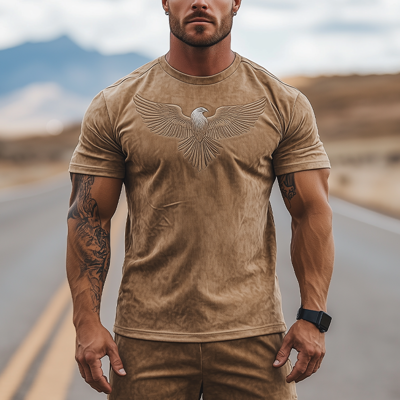 Men's Fashion Casual American Retro Western Tough Style Thin Suede Eagle Embroidery Slim Short-sleeved T-shirt MTA2992E3K