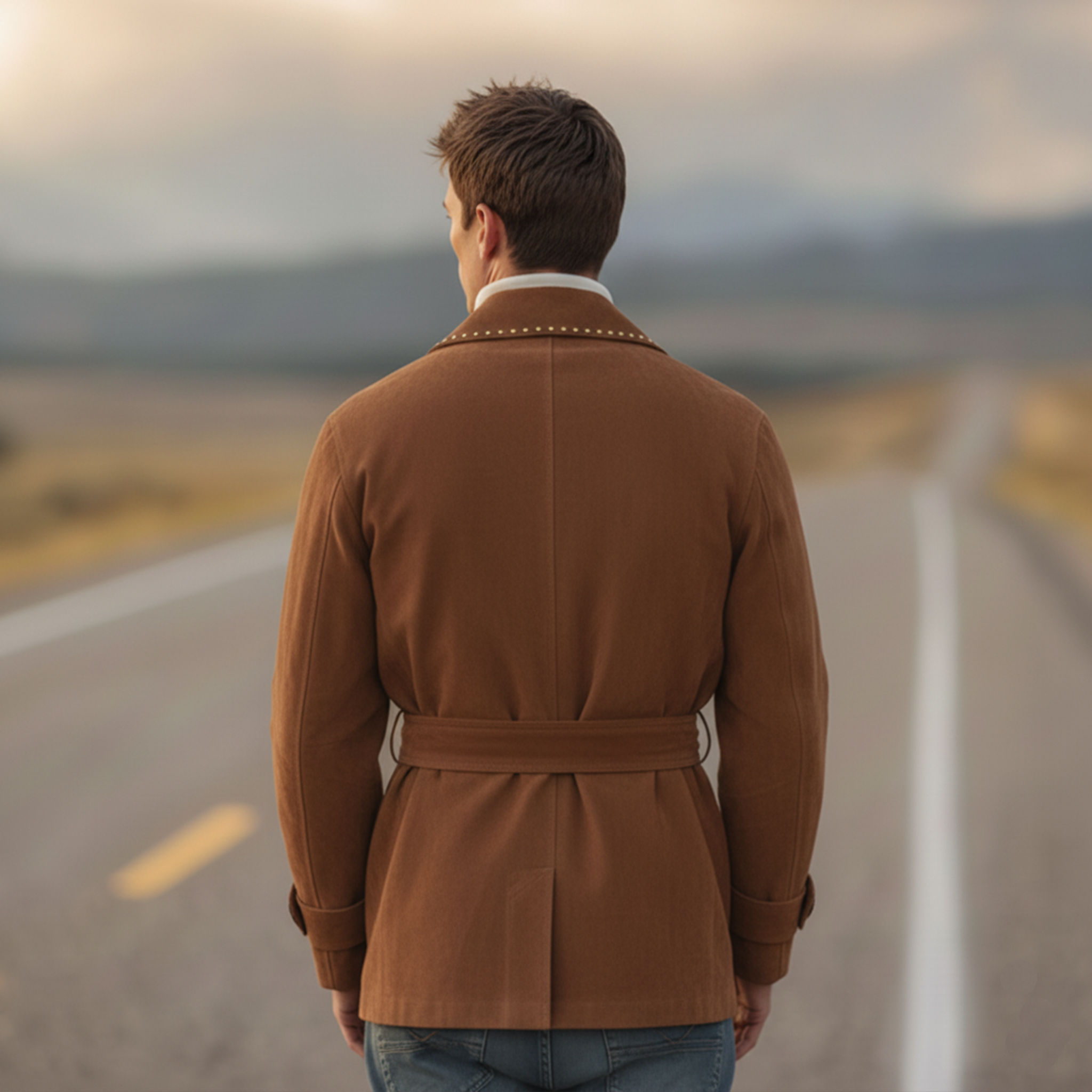 Men's Classic Retro Western Style Lapel Studded Belted Faux Suede Jacket MTA1178K5K