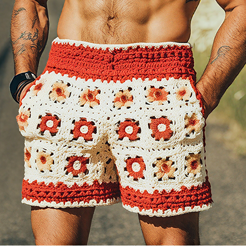 Men's Summer Fashion Casual Hollow Crochet Flower Knitted Elastic Waist Shorts MTA2783F1K