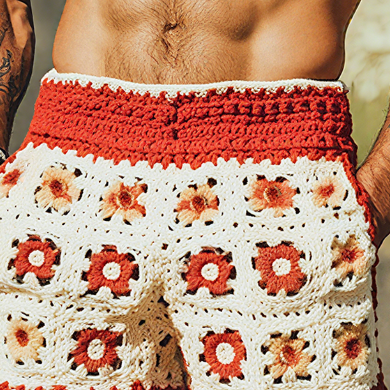 Men's Summer Fashion Casual Hollow Crochet Flower Knitted Elastic Waist Shorts MTA2783F1K