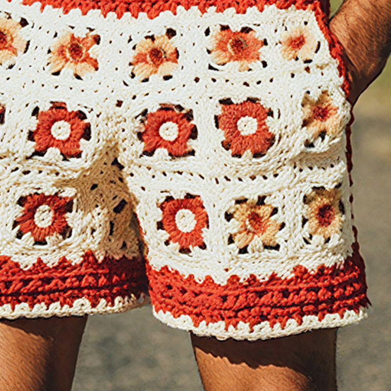 Men's Summer Fashion Casual Hollow Crochet Flower Knitted Elastic Waist Shorts MTA2783F1K