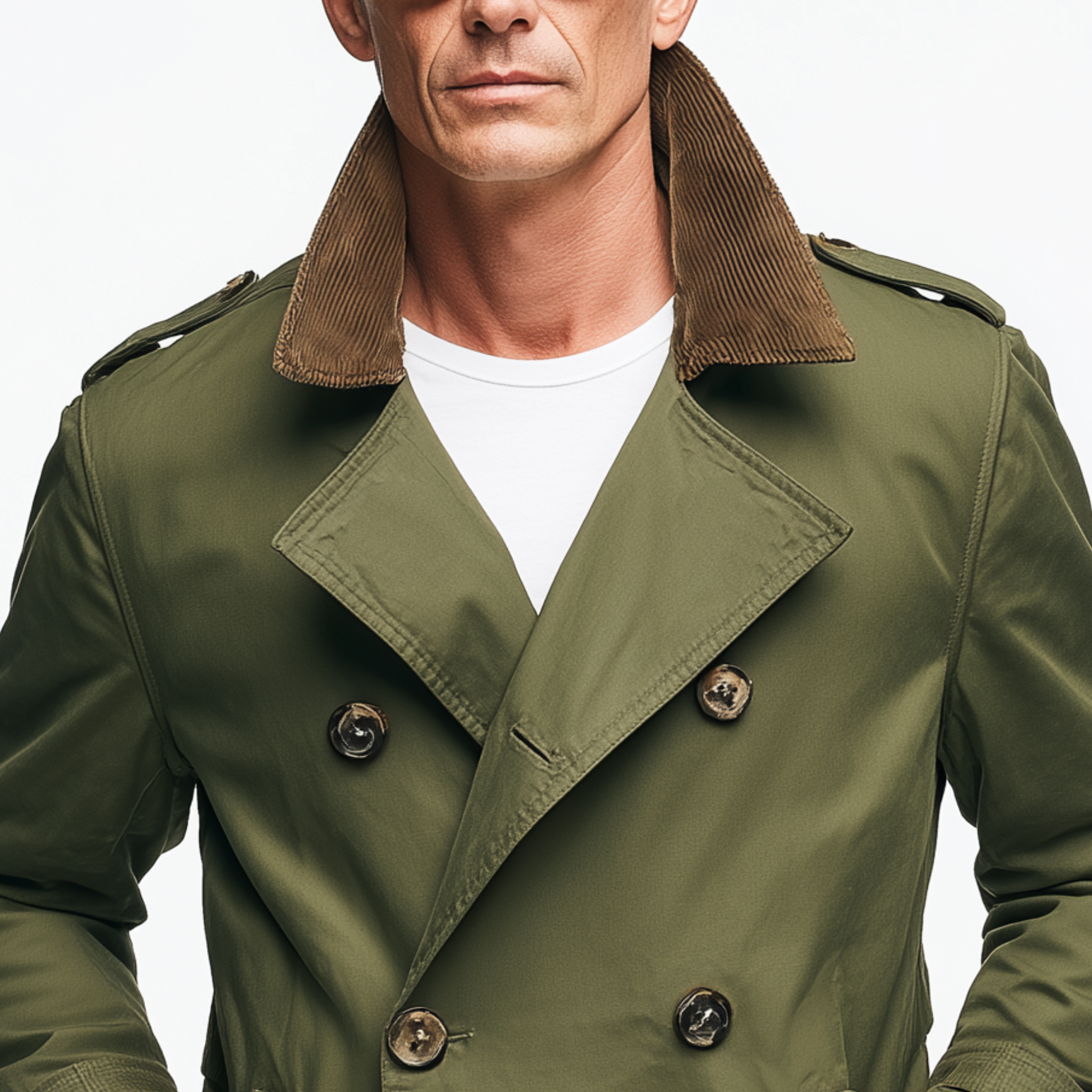 Men's Classic Casual Corduroy Lapel Double-breasted Twill Cotton Thigh-length Trench Coat MTA1397H9K