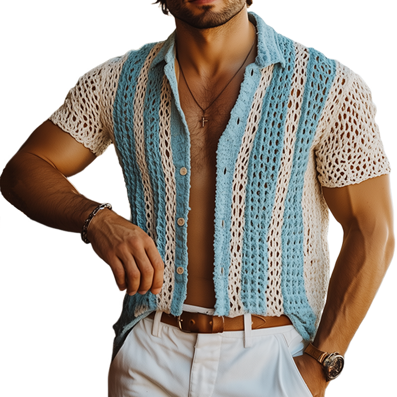 Men's Summer Fashion Casual Knitted Hollow Vertical Striped Short-sleeved Shirt MTA2667F2K