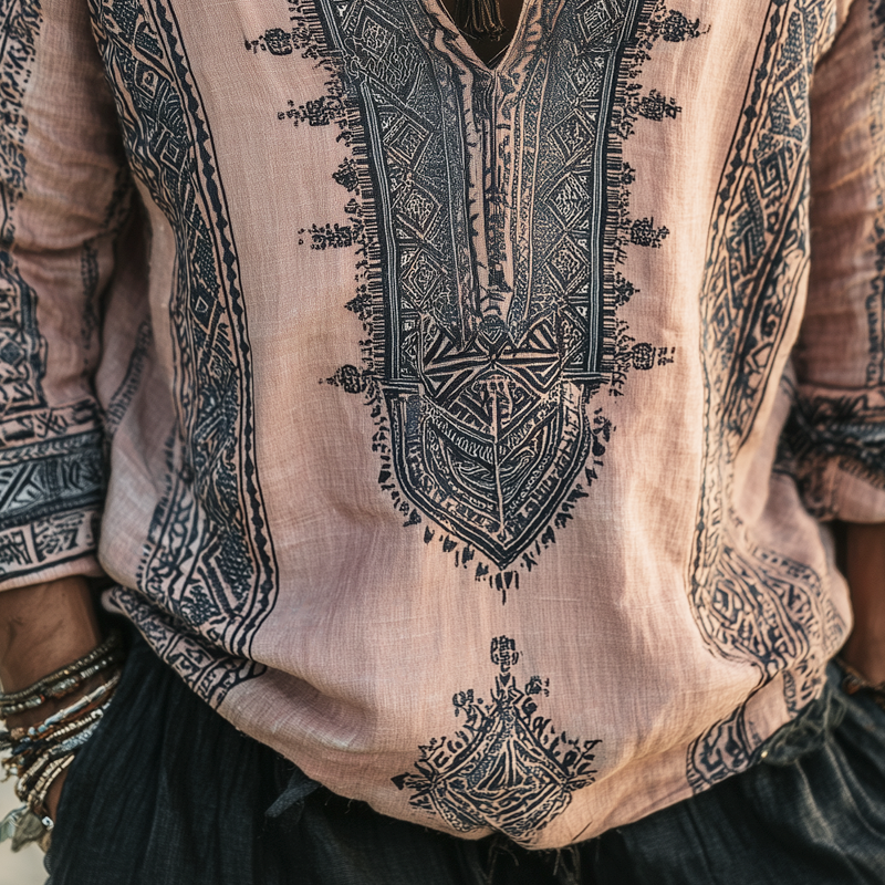 Men's Ethnic Print V Neck Long Sleeve Shirt MTA0271H6Z