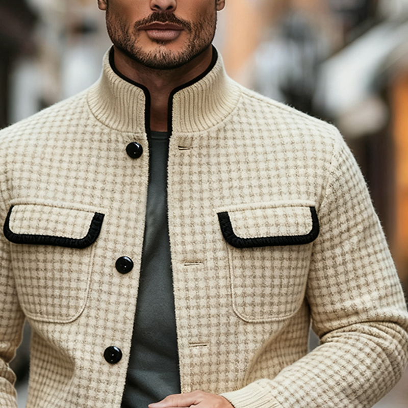 Men's Casual Plaid Blend Stand Collar Contrast Color Jacket MTA2572J9X