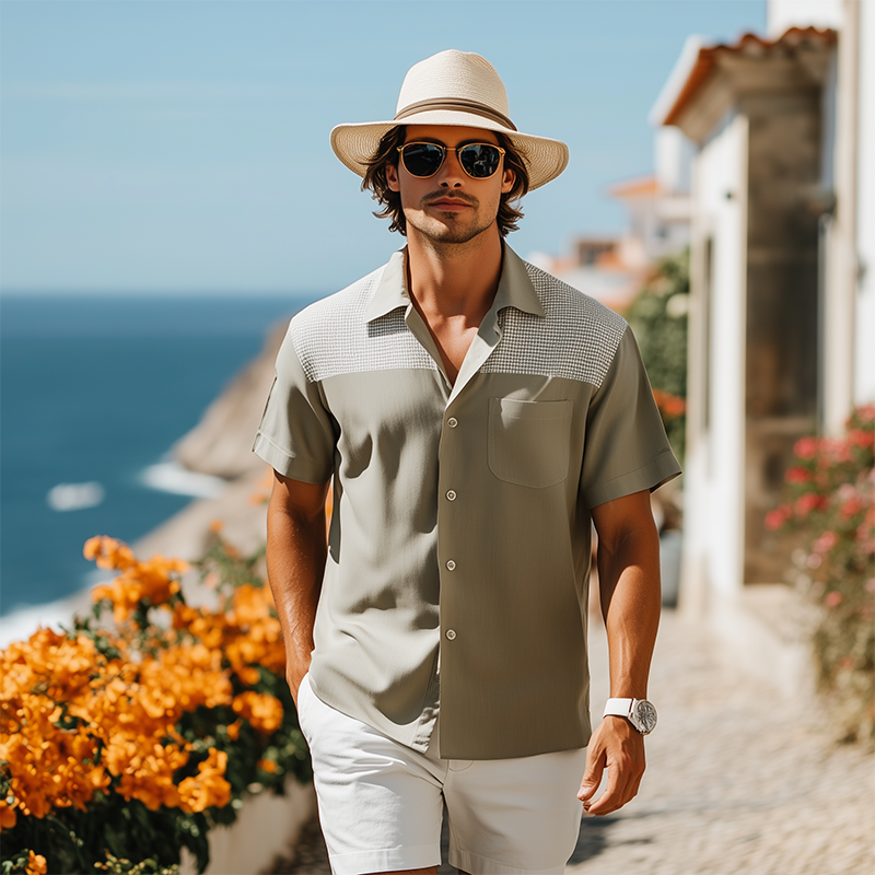 Men's Spring And Summer Fashion Casual Lyocell Tweed Short Sleeve Shirt MTA2170F7K