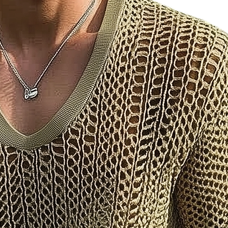 Men's Summer V-neck Mesh Knitted Breathable Short Sleeve T-shirt MTA2324F8U