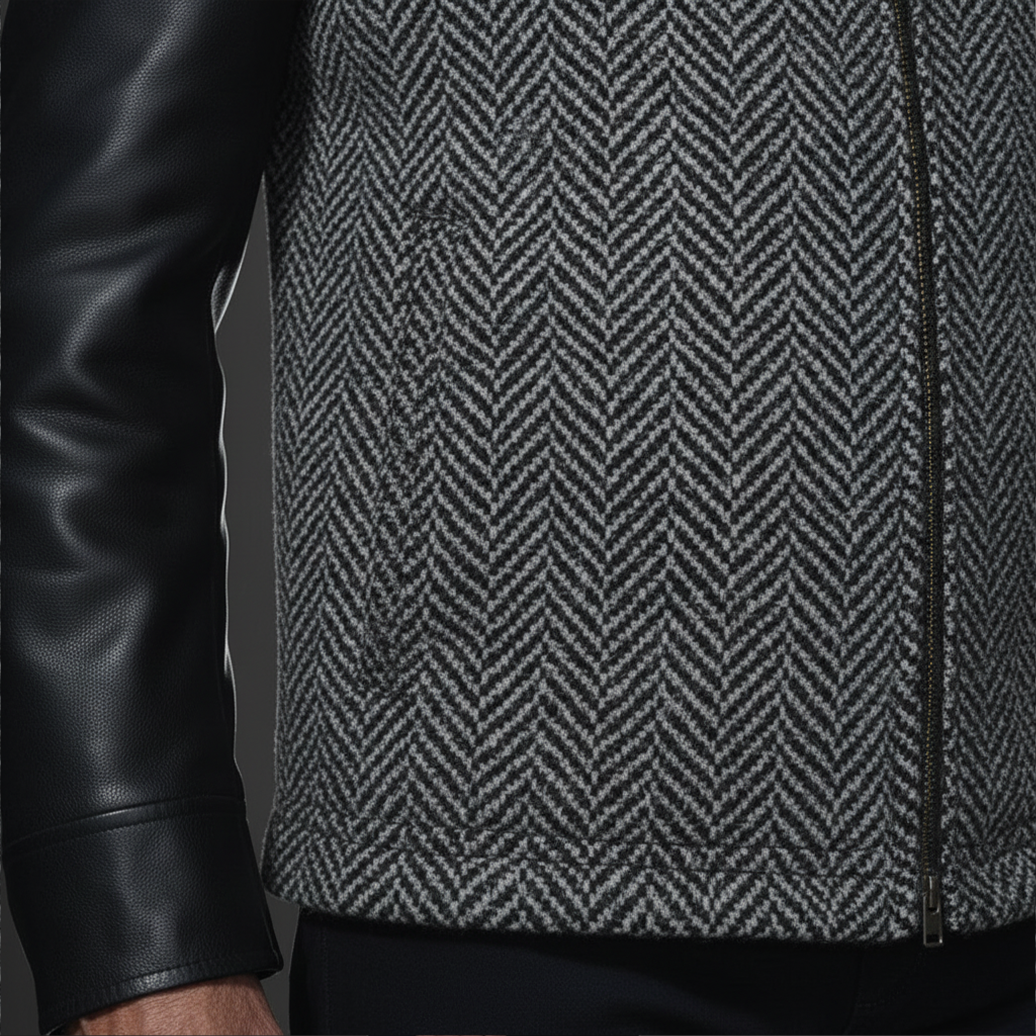 Men's Classic Retro Sleeves Stitching PU Leather Stand Collar Faux Herringbone Woolen Jacket MTA2858I3K