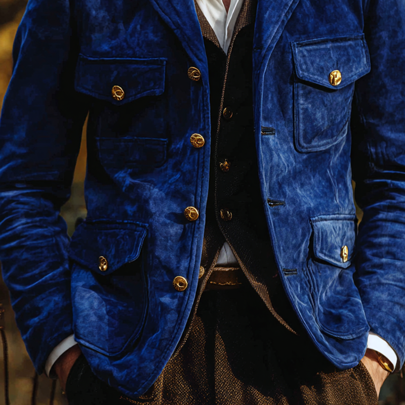 Men's Solid Suede Notch Lapel Multi-pocket Single Breasted Jacket MTA0306I7Z