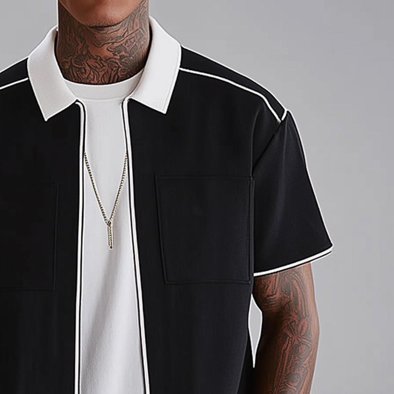 Men's Black And White Simple Zip Lapel Short Sleeve Shirt MTA0977E1U