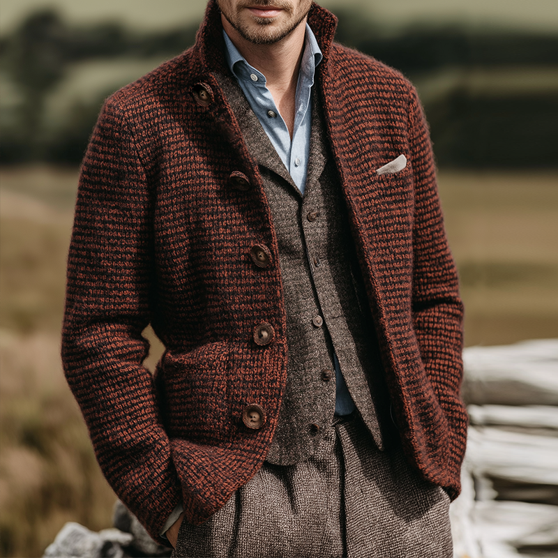 Men's Retro Casual Stand Collar Plaid Knit Button-Down Cardigan Jacket MTA2834J9TO