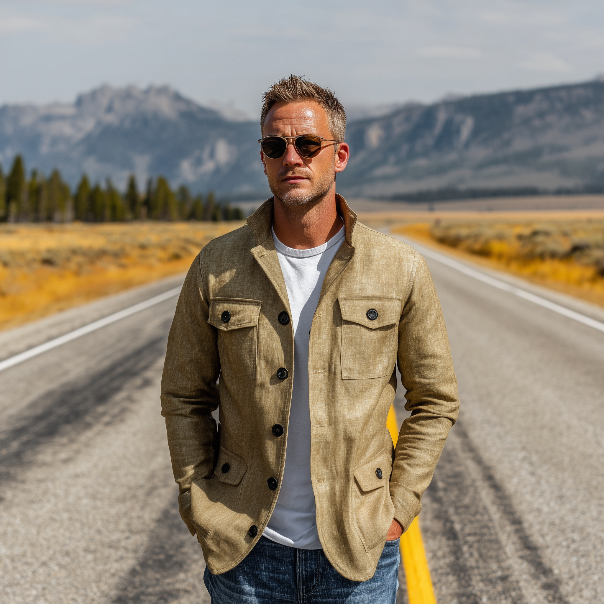 Men's Classic Casual Stand-up Collar Multi-pocket Cotton And Linen Blend Thin Jacket MTA3130G5K