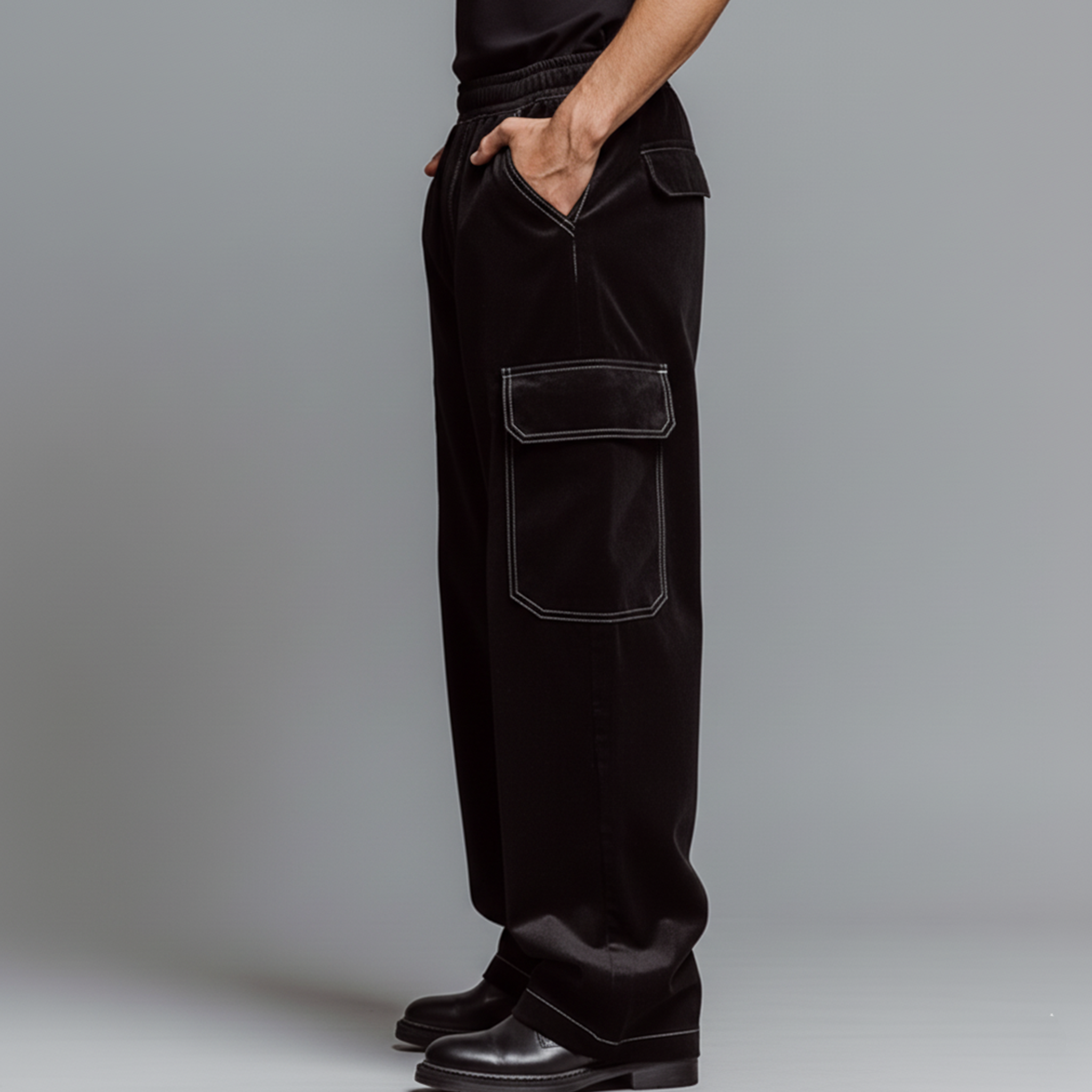 Men's Casual And Stylish Faux Velvet Multi-pocket Elastic Waist Pants MTA1040K9K