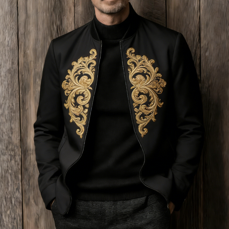 Men's Vintage Casual Baroque Embroidered Collarless Zip-up Jacket MTZ0800A7TO