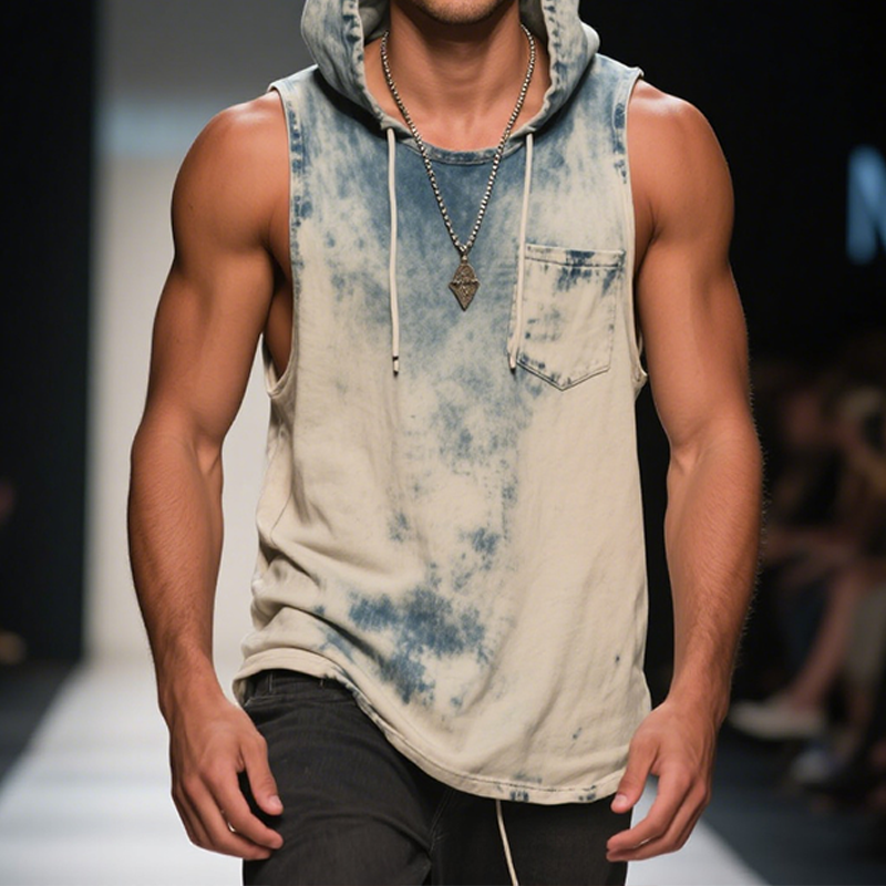 Men's Retro Casual Gradient Print Hooded Sleeveless Tank Top MTA2343F6TO