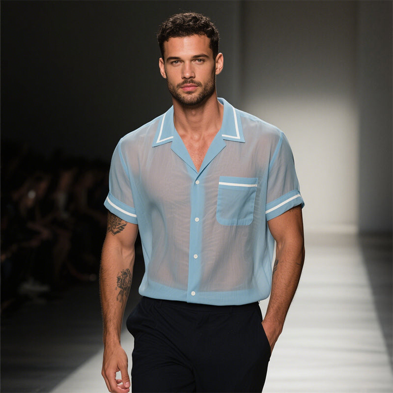 Men's Retro Casual Solid Color Mesh Lapel Short Sleeve Shirt MTA2332E3TO