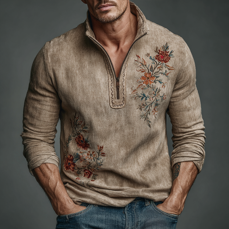 Men's Retro Embroidered Stand Collar Faux Suede Long-Sleeve Polo Shirt MTA1792K9X