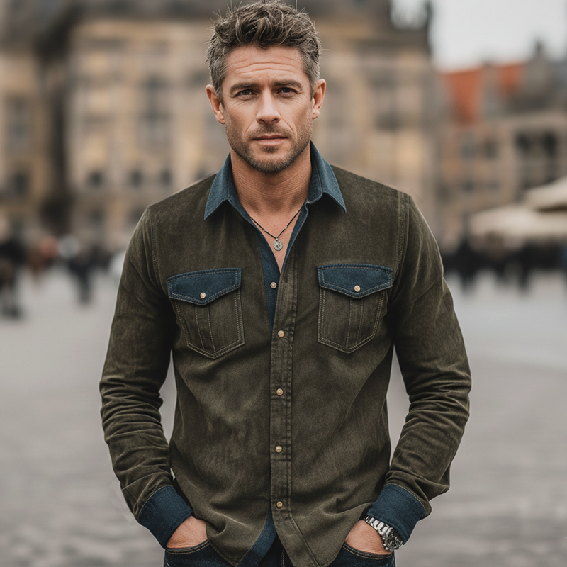 Men's Vintage-style Faux Suede And Dark Blue Denim Patchwork Long-sleeved Shirt MTZ1554A2U