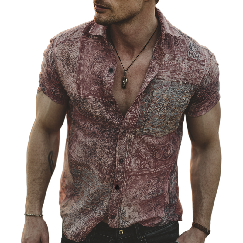 Men's Retro Casual Gradient Print Lapel Short Sleeve Shirt MTA1861G0TO