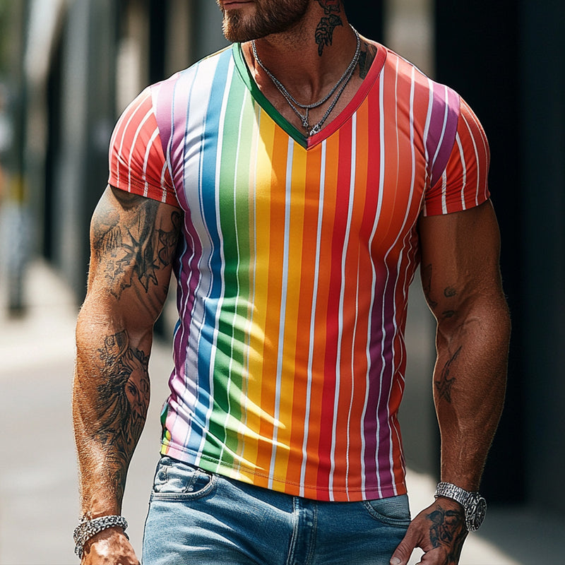 Men'S Retro Casual Rainbow Stripe Print V-Neck Short Sleeve T-Shirt MTA0988E4TO