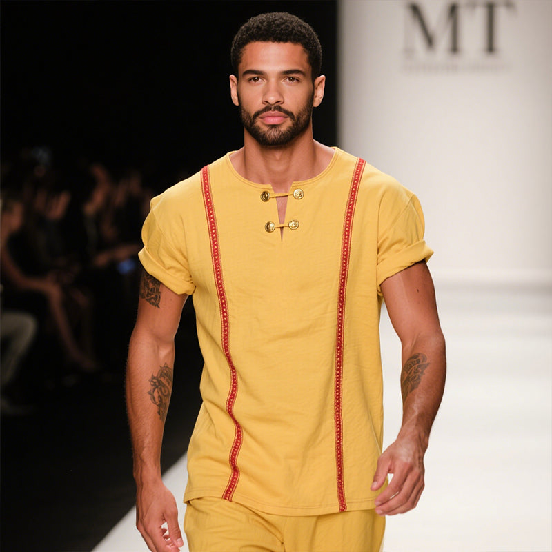 Men's Retro Casual Linen Medieval Style V-Neck Metal Button Short Sleeve Shirt MTA2970E3TO