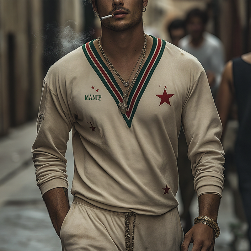 Men's Retro Print Cotton Blend V-Neck Long Sleeve T-Shirt MTA2961K7P