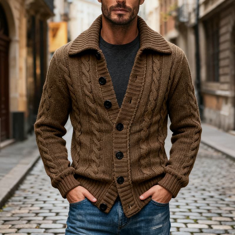 Men's Knitted Cable Knit Textured Collar Cardigan MTA2974J2X
