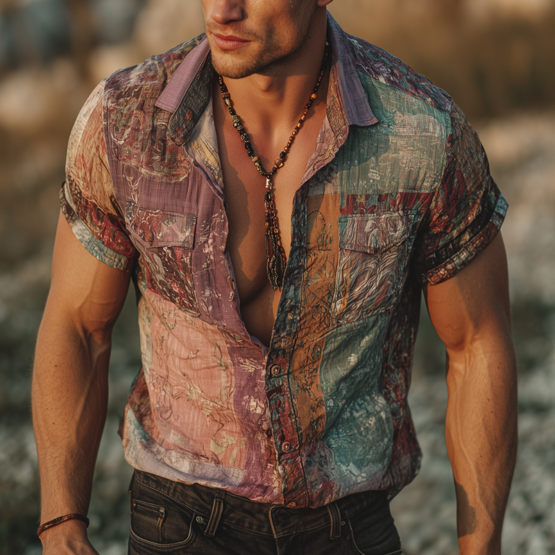 Men's Retro Casual Gradient Print Lapel Short Sleeve Shirt MTA1810G1TO
