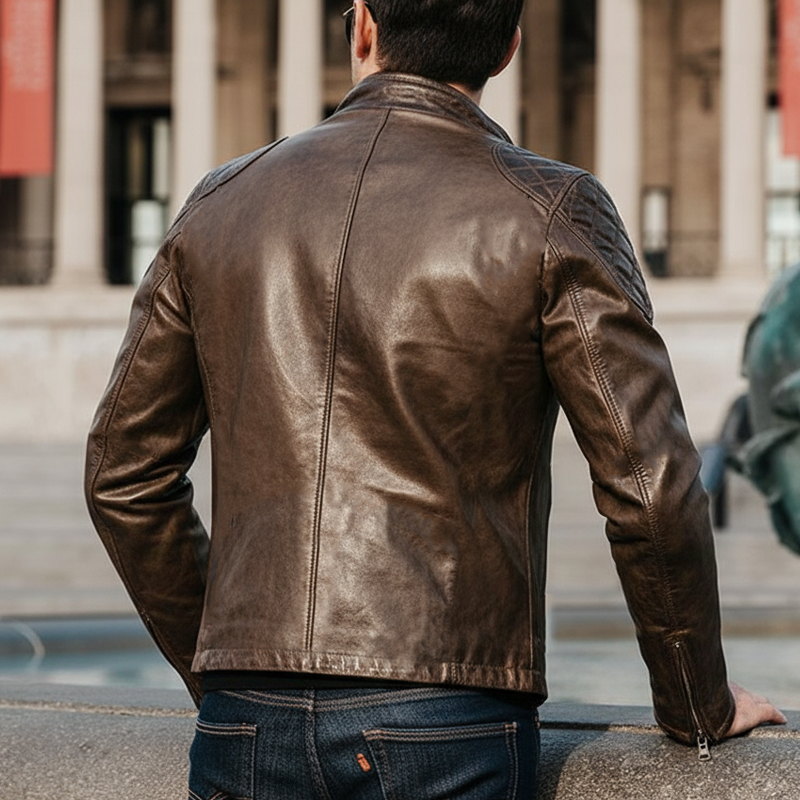 Men's Vintage Brown Stand Collar Shiny PU Leather Jacket MTA1708J2U
