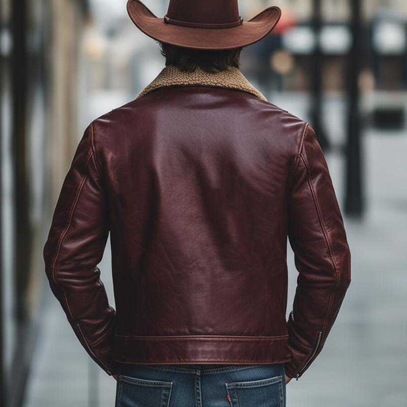 Men's Classic Burgundy Patchwork Lambswool Collar Zipper PU Leather Jacket MTA0593K7U