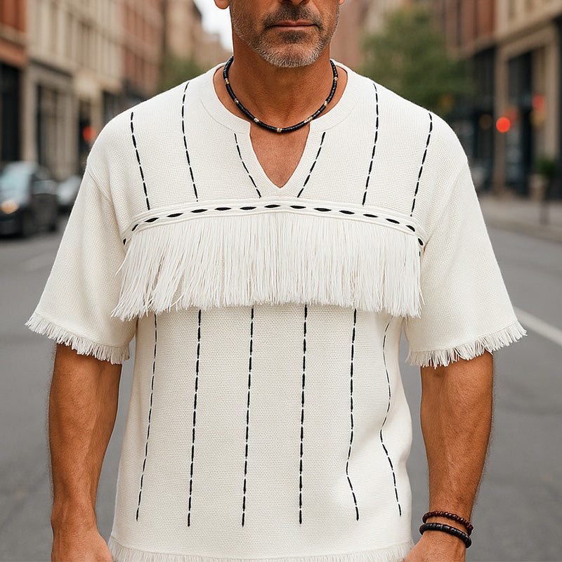 Men's Summer Breathable And Comfortable Knitted Jacquard Tassel Short-Sleeved T-Shirt MTA2345E7P