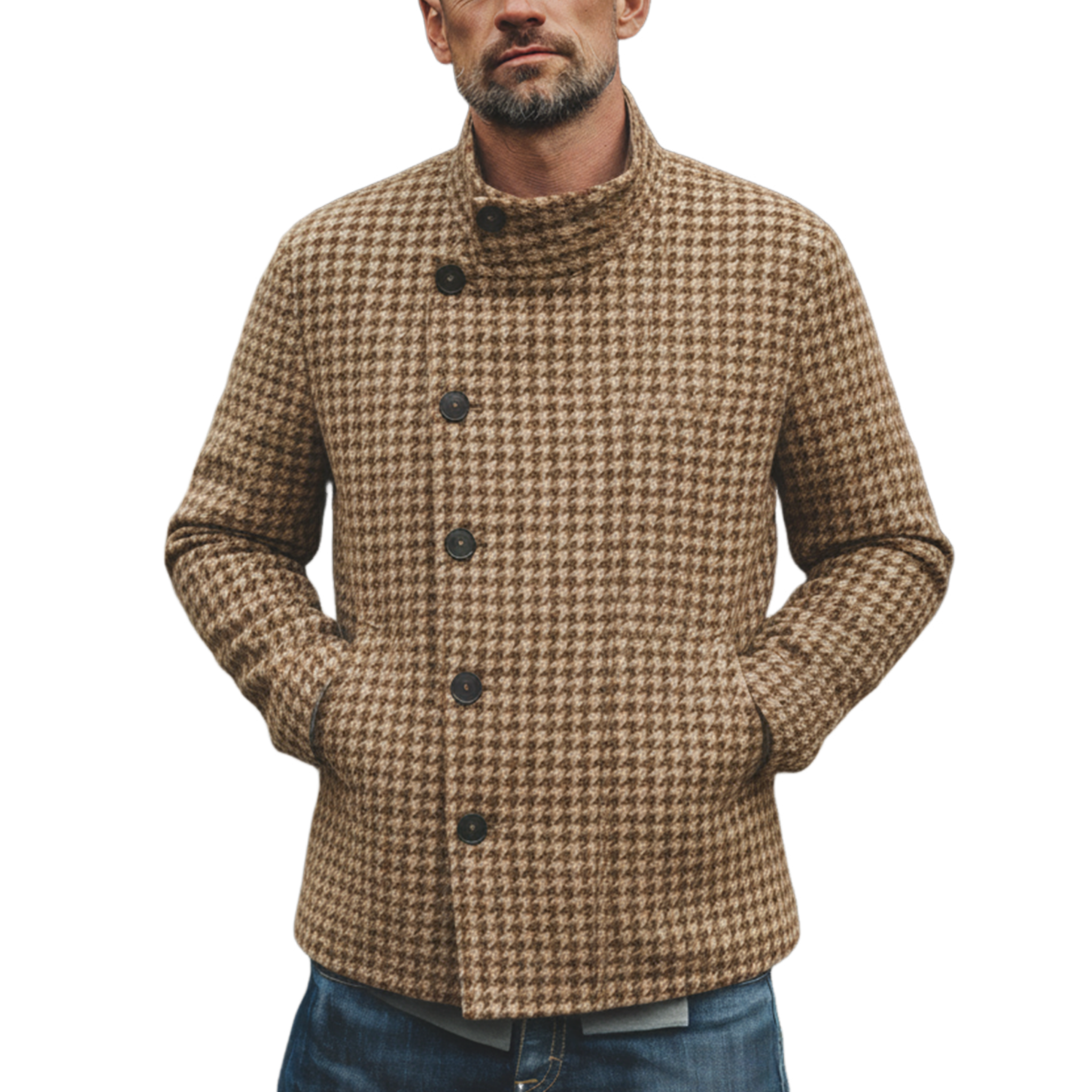 Men's Classic Retro Stand-up Collar Houndstooth Wool Jacket MTA2754K8K