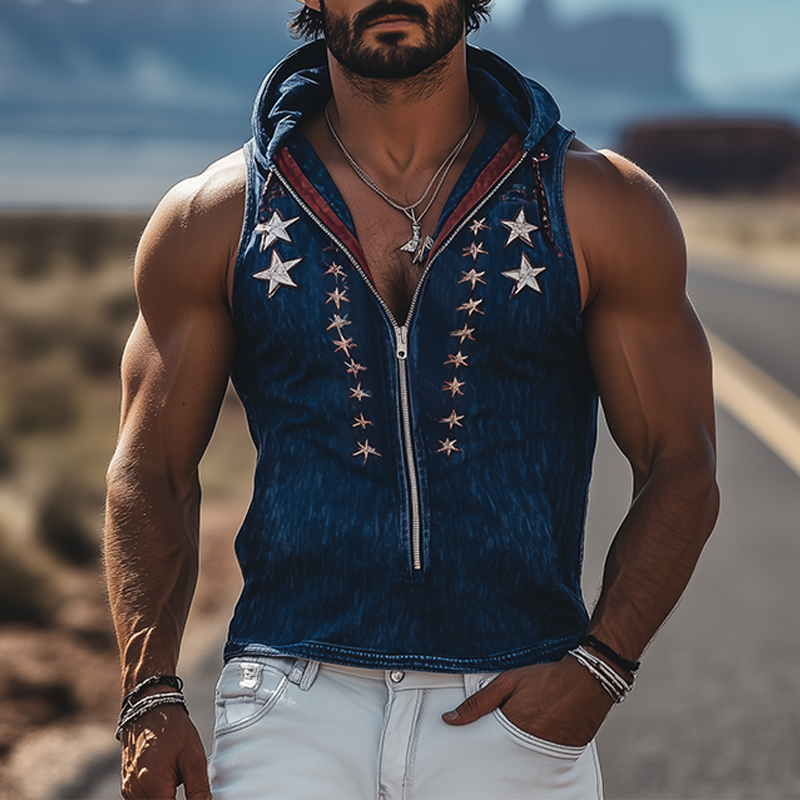 Men's Spring And Summer Fashion Casual Retro Western Cowboy Style Denim Embroidery Deep V Neck Zipper Slim Fit Hooded Tank Top MTA0929E0K