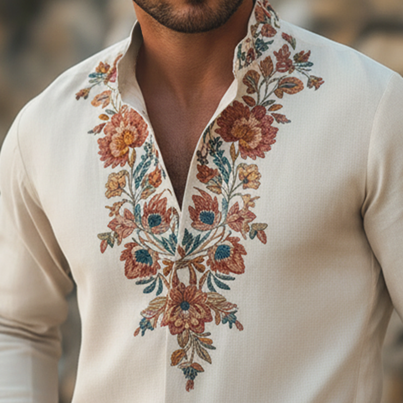 Men's Spring Fashion Floral Embroidered Linen Blend Long-sleeved Shirt MTZ0828A7P