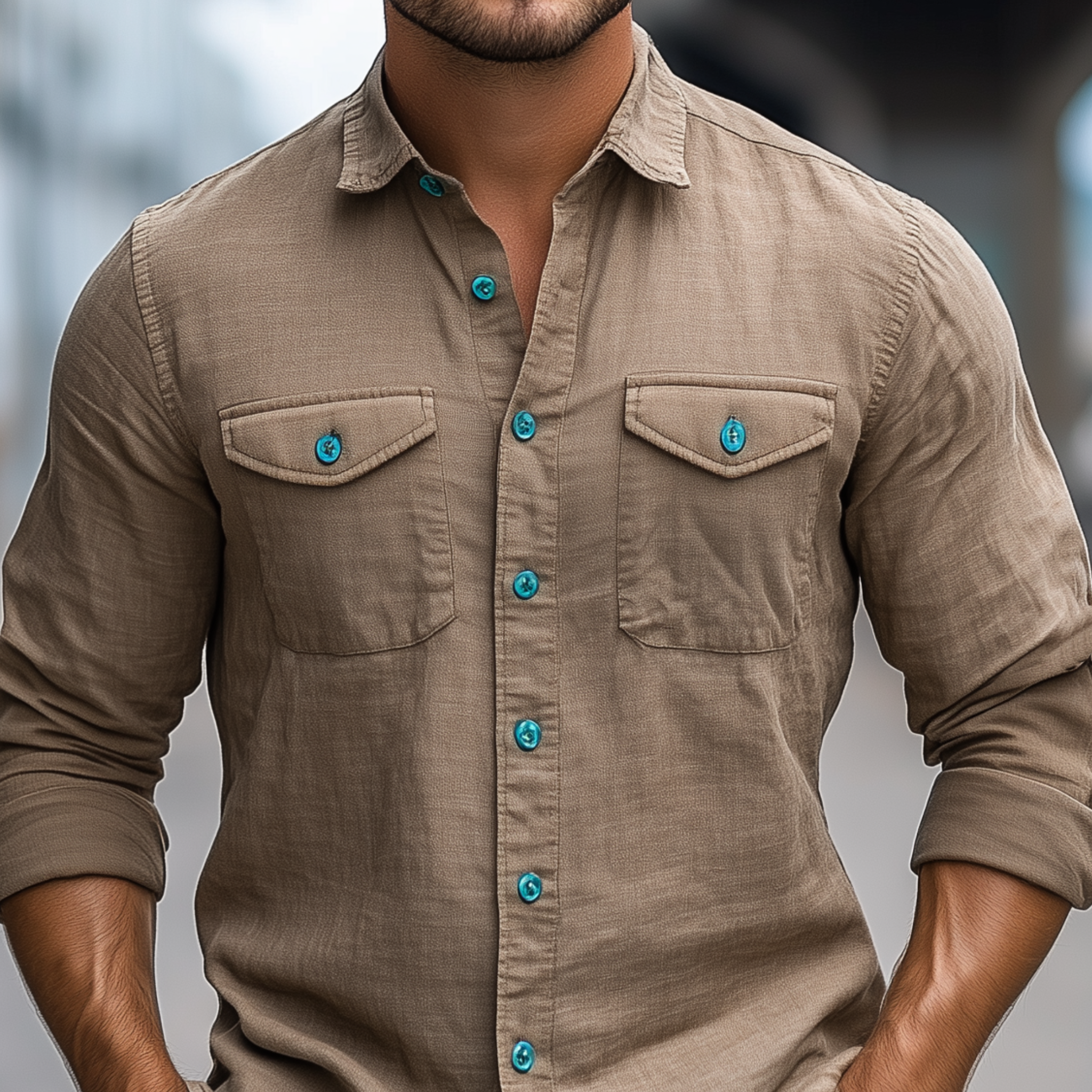 Men's Classic Casual Lapel Cotton And Linen Contrast Button Long Sleeve Shirt MTA2261G9K