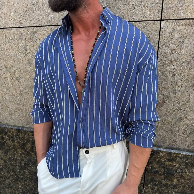 Men's Striped Loose Lapel Long Sleeve Casual Shirt MTA0606E6Z