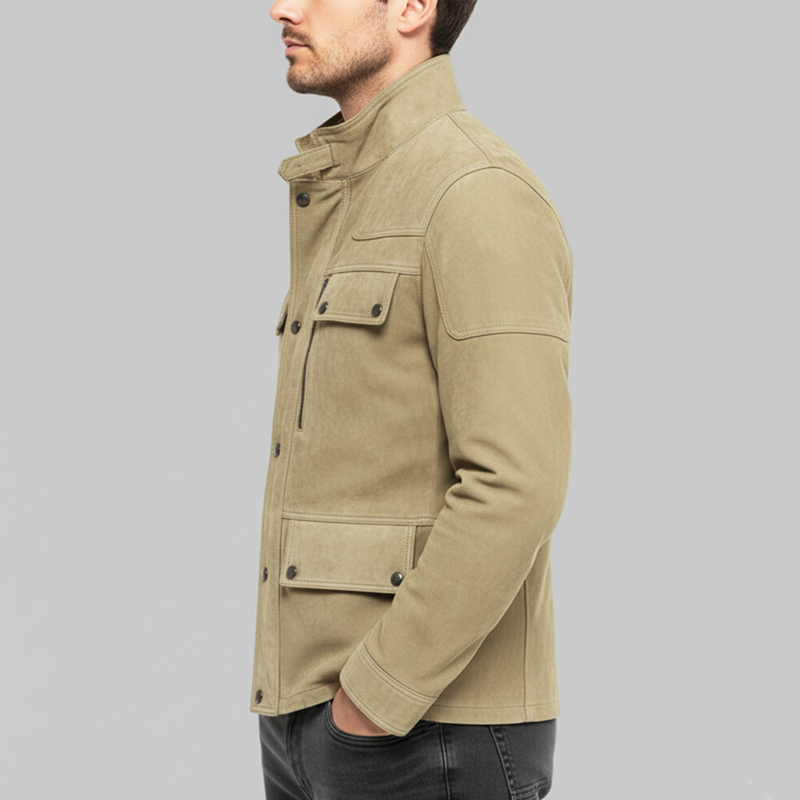 Men's Classic Stand Collar Multi-pocket Suede Jacket MTA1105J8U