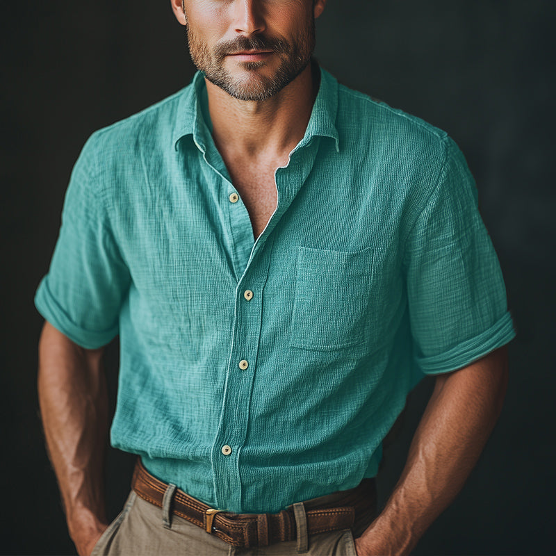 Men's Summer Basic Textured Button Short Sleeve Shirt MTA0892E1U