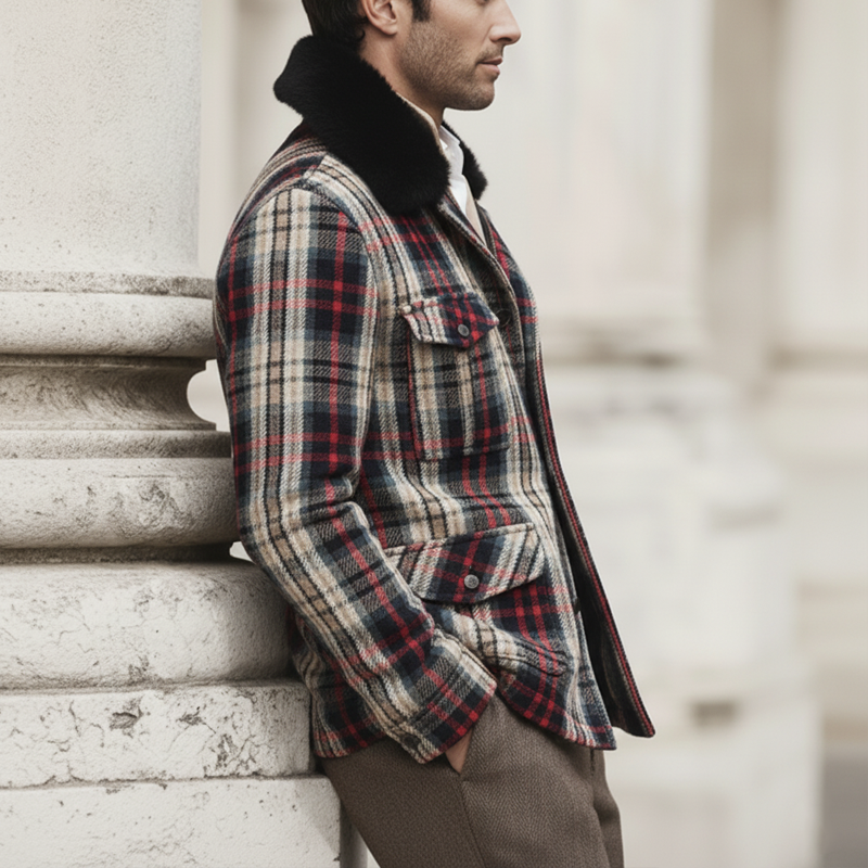 Men's Classic Color-block Plaid Fur Collar Single-slit Zipper Jacket MTA2501K9U