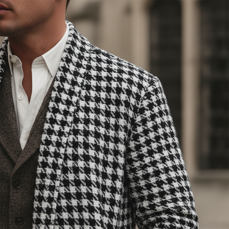 Men's Winter Fashion Houndstooth Cotton Knitted Mid-Length Cardigan MTA1633J9P