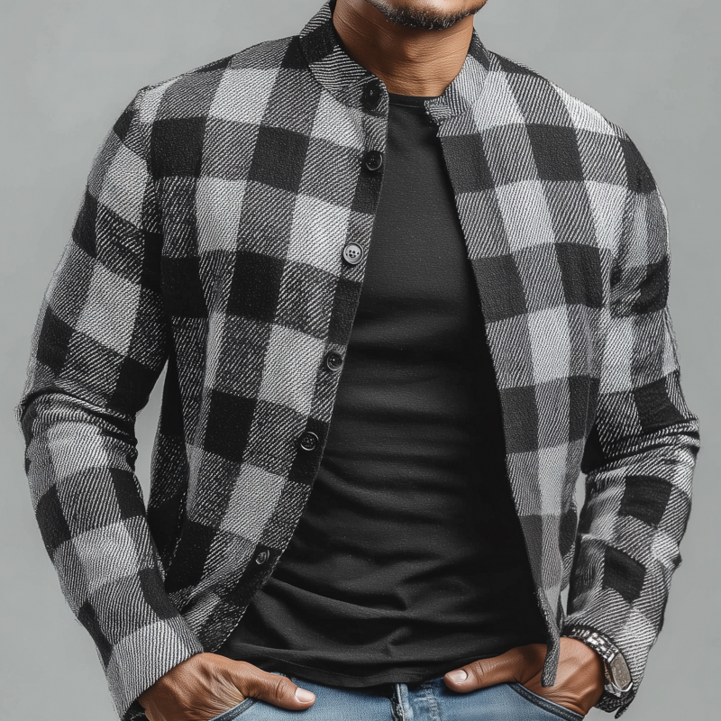 Men's Casual Classic Cotton Blend Plaid Stand Collar Single-breasted Cropped Jacket MTA2920G5M