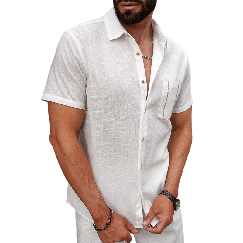 Men's Casual Breathable Linen Lapel Patch Pocket Slim Fit Short Sleeve Shirt MTA2677E4M