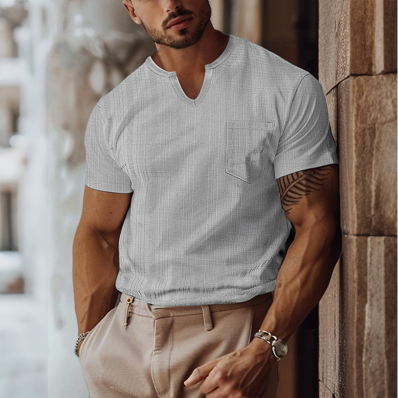 Men's Retro Casual Solid Color Pocket Small V-Neck Short Sleeve T-Shirt MTA0268G5TO