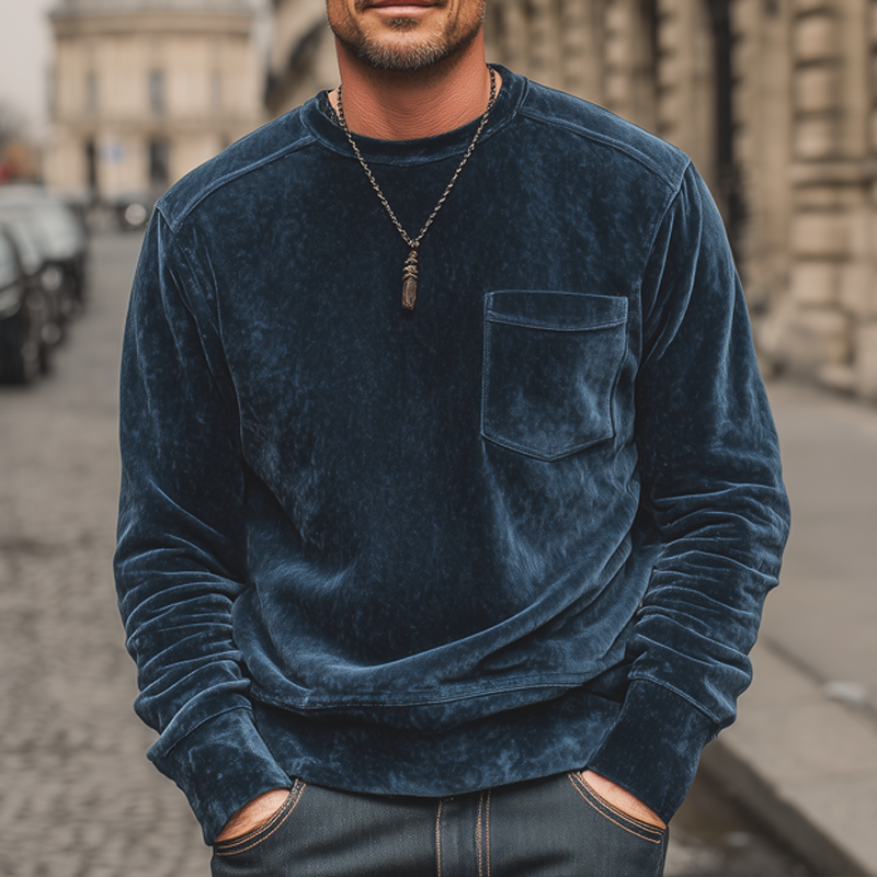 Men's Casual Navy Blue Velvet Crew Neck Sweatshirt MTA2127J6U