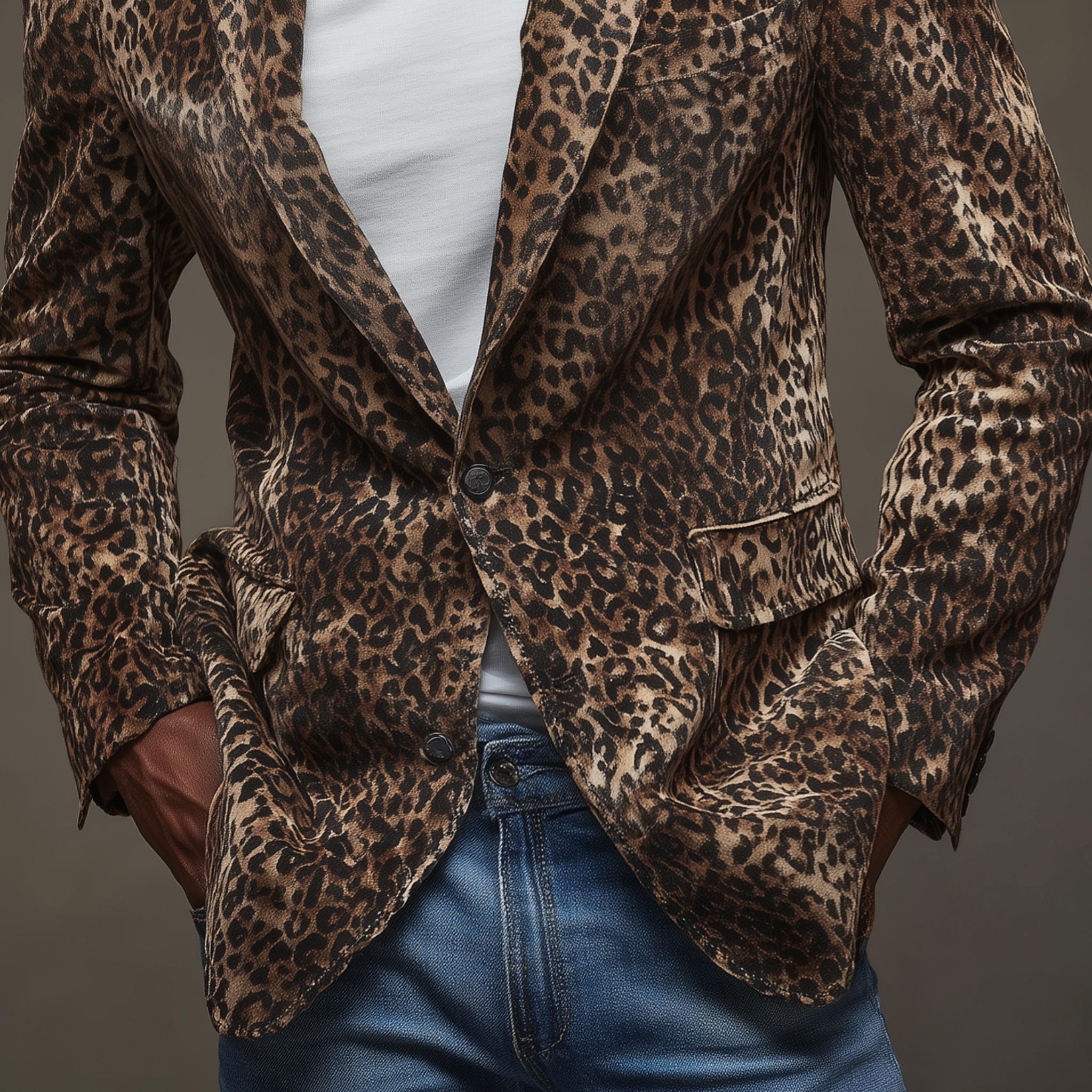 Men's Classic Retro Leopard Print Suede Collar Splicing PU Leather Single-breasted Slim-fit Blazer MTA0612H3K