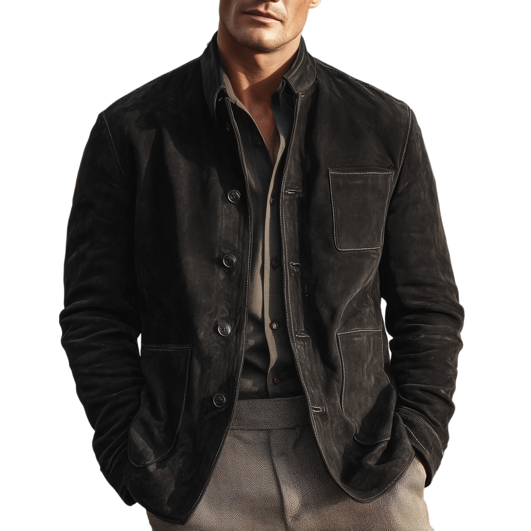 Men's Classic Vintage Stand Collar Multi-Pocket Faux Suede Single-Breasted Jacket MTA1963I1K