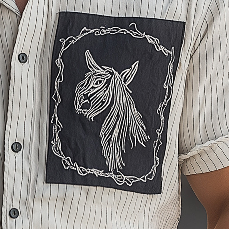 Men's Summer Fashion Plaid Embroidery Patchwork Short Sleeve Shirt MTA2830E9P