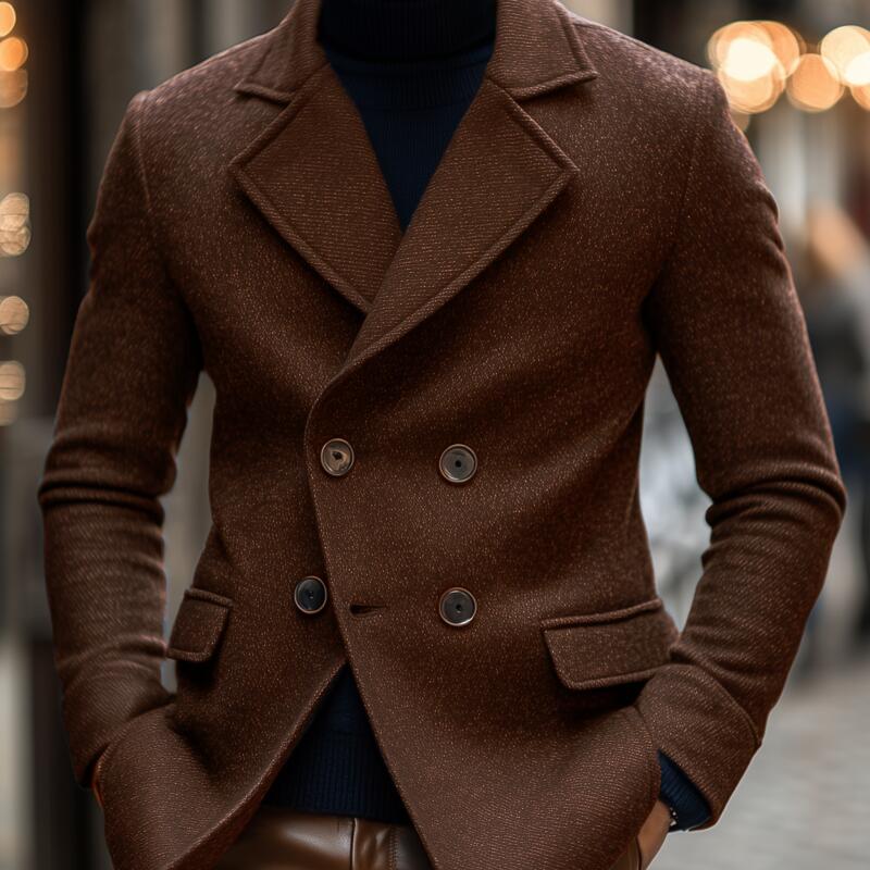 Men's Vintage Solid Color Twill Wool Blend Notch Lapel Double-breasted Slim Fit Warm Peacoat MTA2165H8M