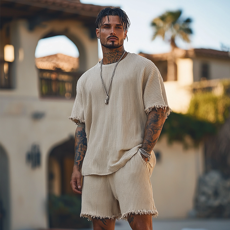 Men's Solid Striped Rough Edge Round Neck Short Sleeve T-shirt Shorts Set MTA0403F3Z