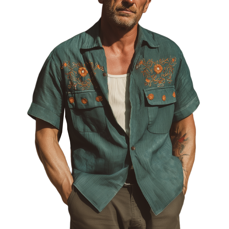 Men's Summer Vintage Embroidered Short Sleeve Shirt MTA1762F5U